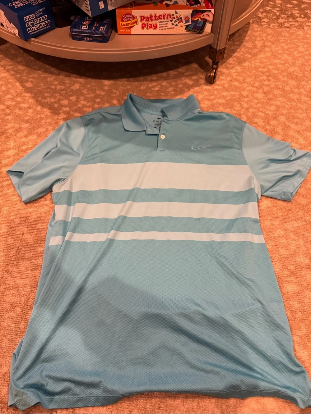Nike Light Blue and White Striped Dri-FIT Polo